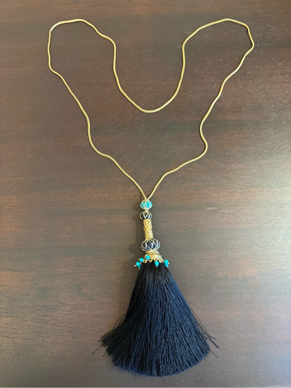 Gold Chain Necklace with Navy Tassel and Turquoise Accents